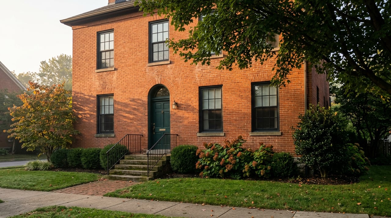 Two-story brick residence with an arched green door, stone steps, and mature trees overhead.
