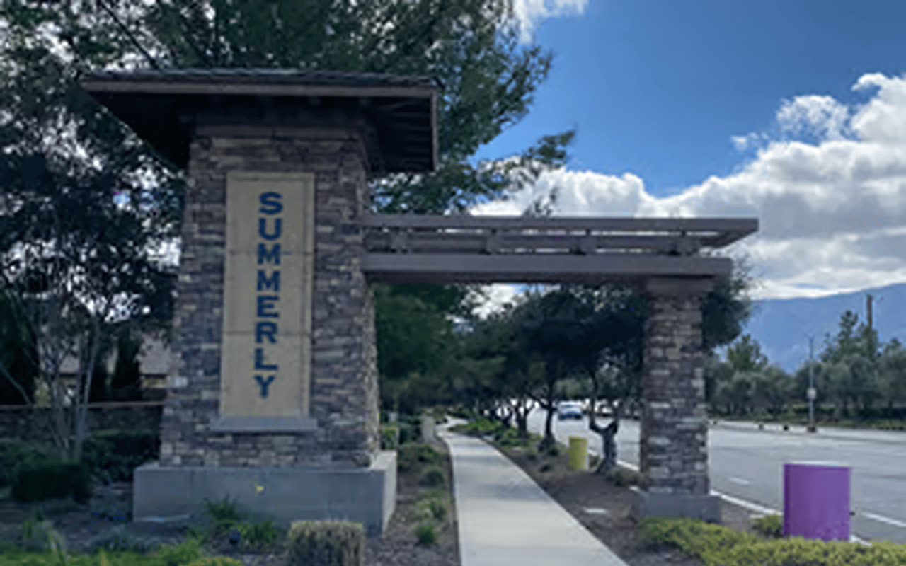 Landscaped entry monument sign for the Summerly master-planned community in Lake Elsinore, CA.