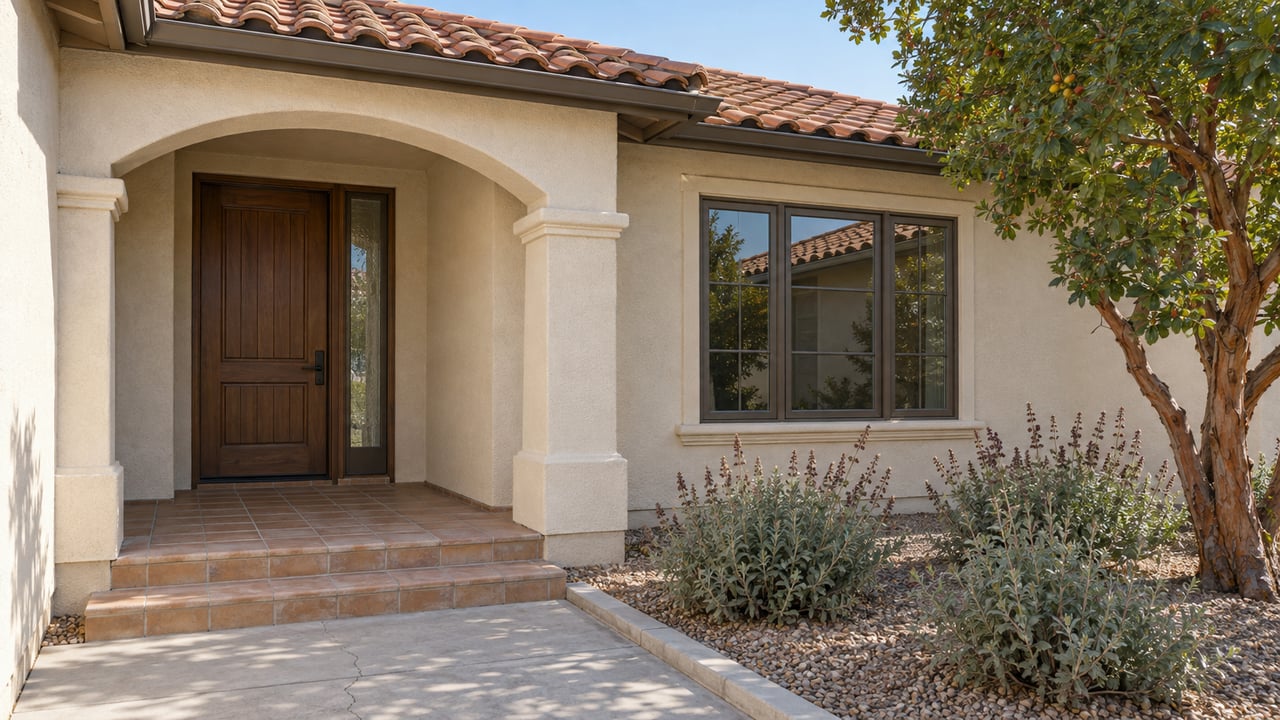 An ivory stucco home with a clay tile roof, arched entry porch, oak front door, and a concrete path beside a small planted gravel bed.