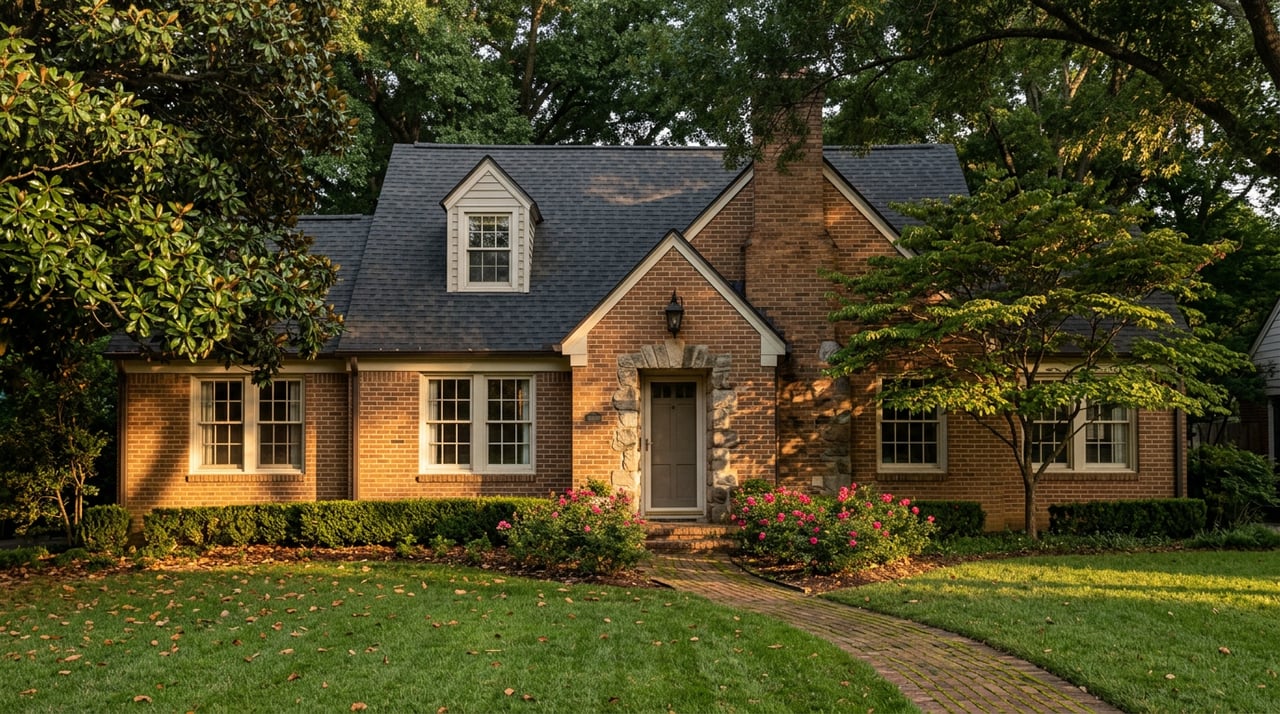 Brick Tudor-style home with stone entry, steep gables, mature trees, and a brick front path.