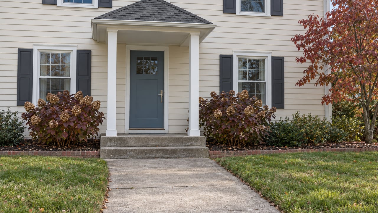 Cream clapboard home with a blue front door, weathered concrete steps and burgundy oakleaf hydrangeas in soft autumn daylight.