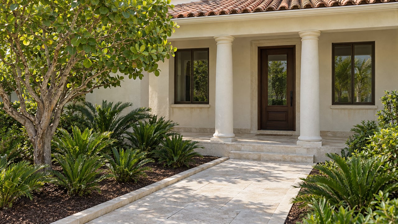 Warm ivory stucco home with terracotta roof, round porch columns and a limestone path through a carefully planted front garden.