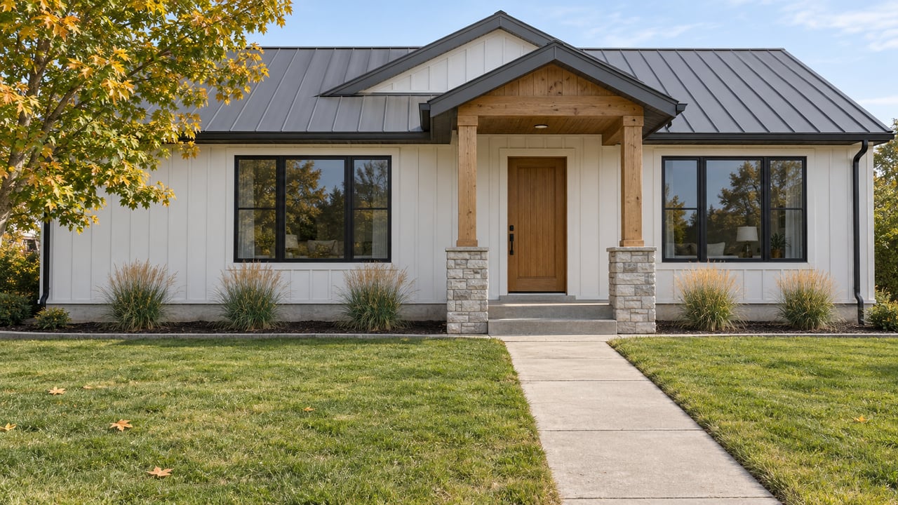 A white vertical-sided home with a charcoal metal roof, timber porch, concrete entry walk and autumn maple beside a broad front lawn.