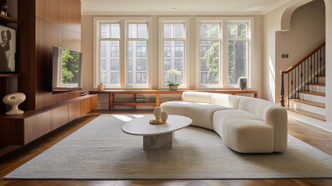 Sunlit living room with a curved cream sofa, oval coffee table, tall windows, and a staircase.