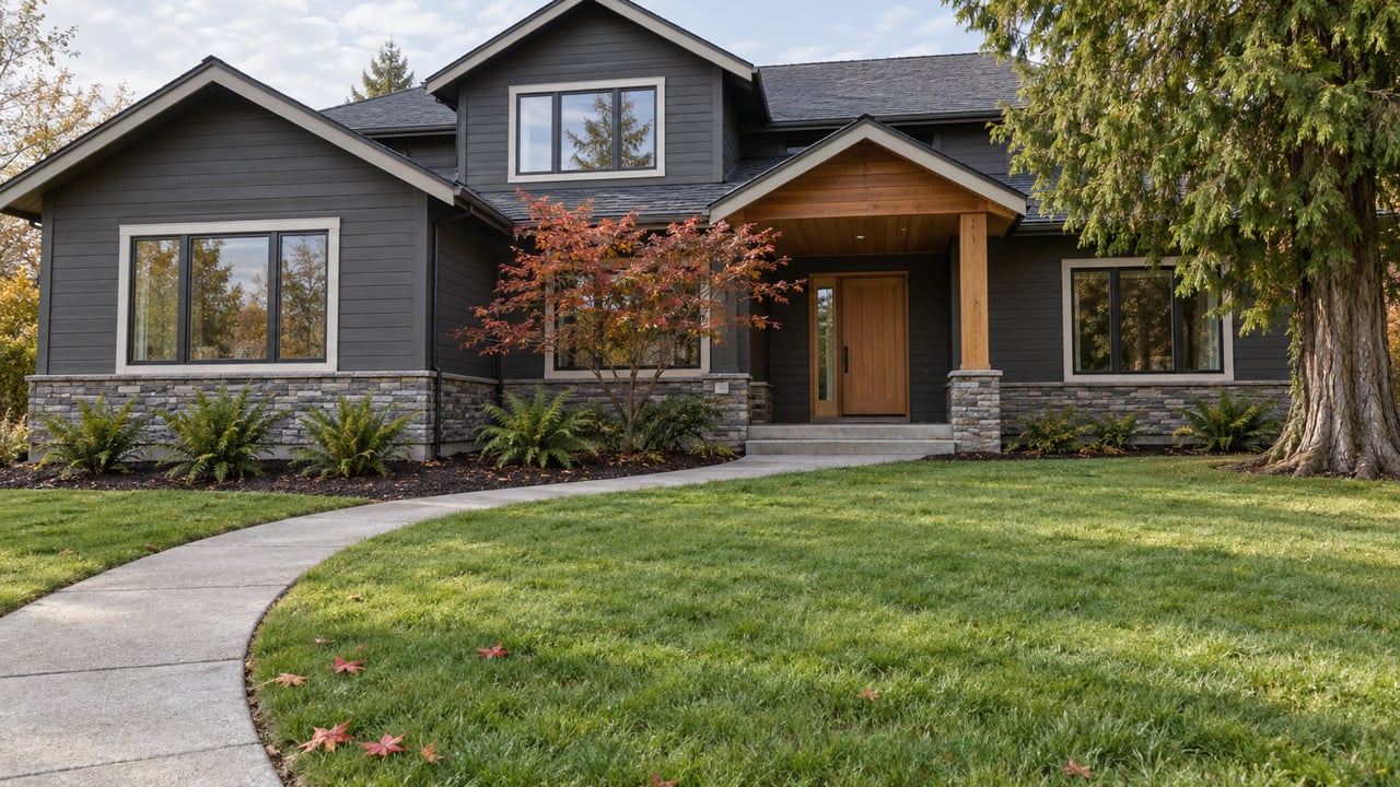 Charcoal gabled home behind a deep autumn lawn, with a curved concrete approach, cedar entry and red-leaved maple.