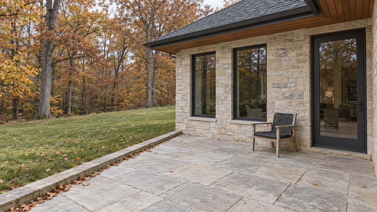 A limestone home's rear terrace with a weathered wooden chair, tall glazed openings, and an autumn lawn backed by mature deciduous trees.