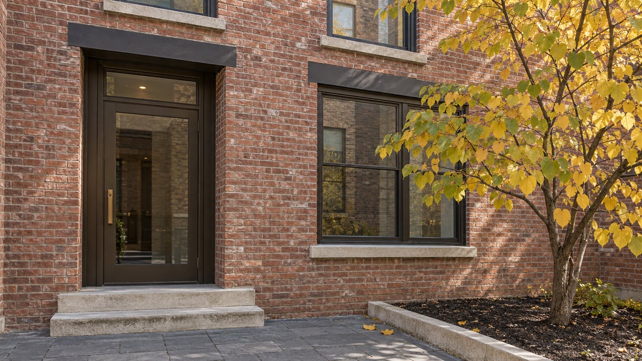 Red-brick condominium entrance with bronze-framed glazing, worn limestone steps, and yellow autumn redbud leaves.