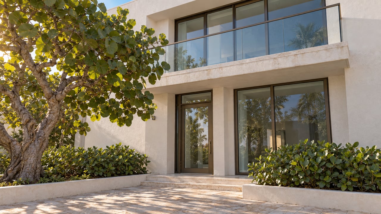 Two-story coastal home with a glass balcony, bronze-framed windows, and a sea grape tree beside the entry.