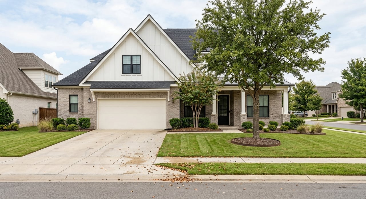 Suburban house with a white garage, brick-and-siding façade, driveway, lawn, and oak canopy.