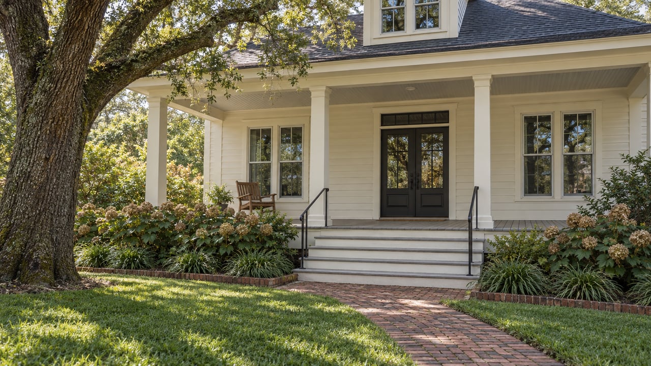 Ivory timber home with a raised covered porch, dark glazed entry doors and a brick walkway crossing a shaded lawn beneath a mature live oak.