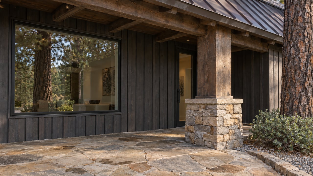 Black-framed glass door set into a timber-and-stone entry beside a large reflective window.