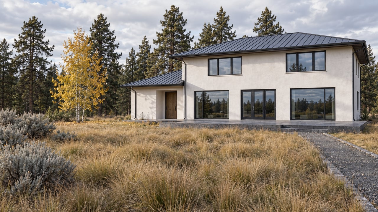 White-stucco retreat with a dark metal roof and basalt terrace across a tawny autumn meadow, backed by lodgepole pines and a yellow-leaved aspen.