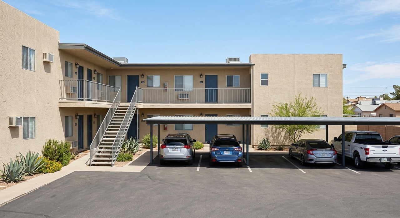 Multifamily building’s rear carport court with steel stairs, upper walkway, and a landscaped planter.