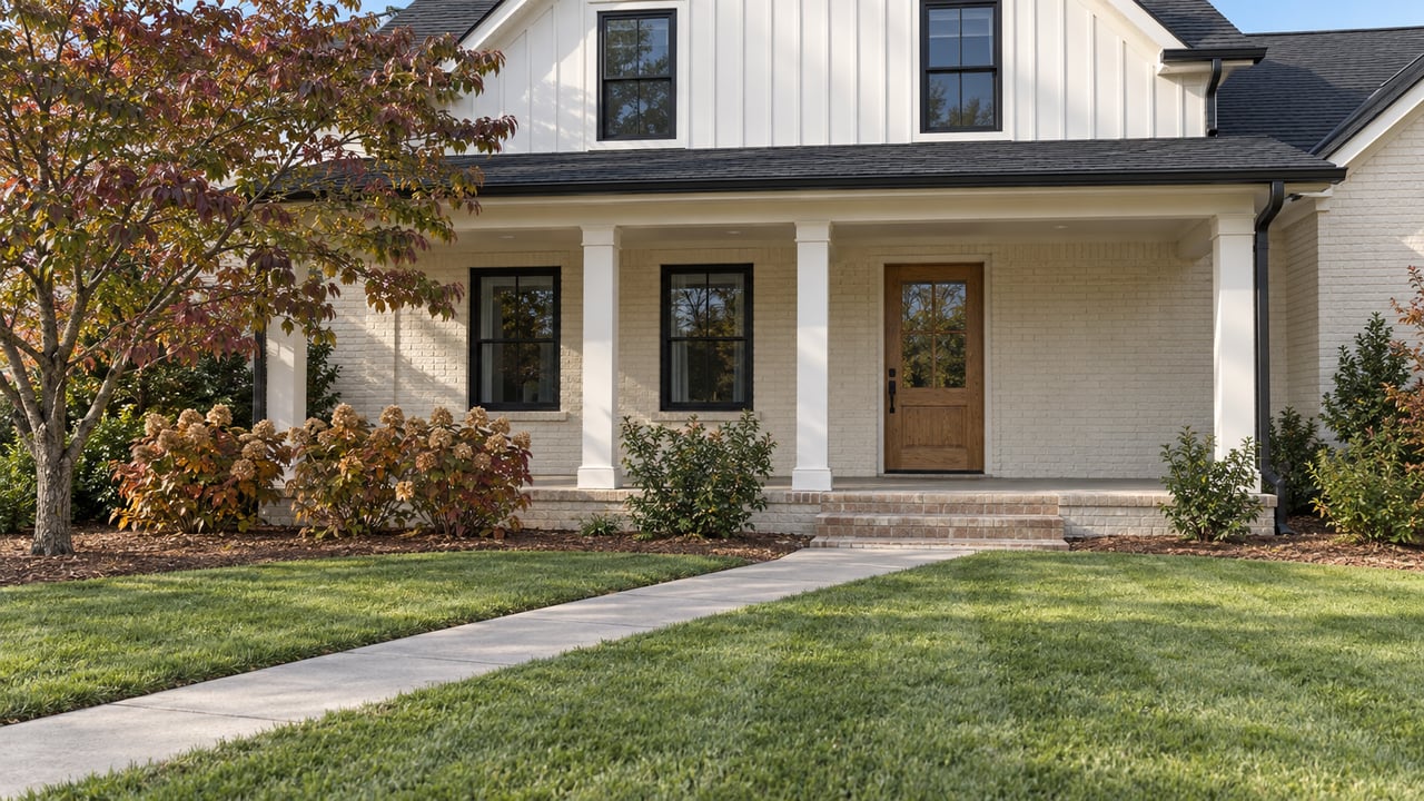 Cream brick and white board-and-batten home behind a deep lawn, with a covered porch, oak front door and autumn dogwood.