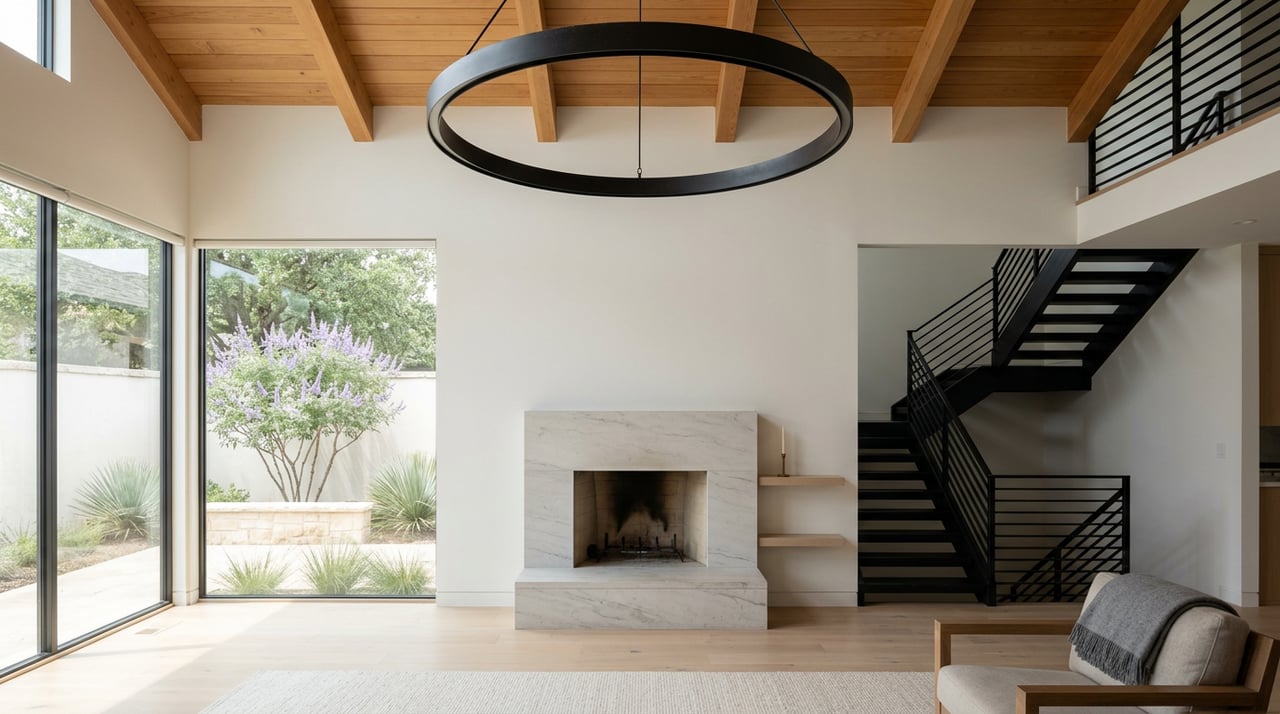 Double-height great room with a limestone fireplace, black steel staircase, cedar beams, and a ring chandelier.