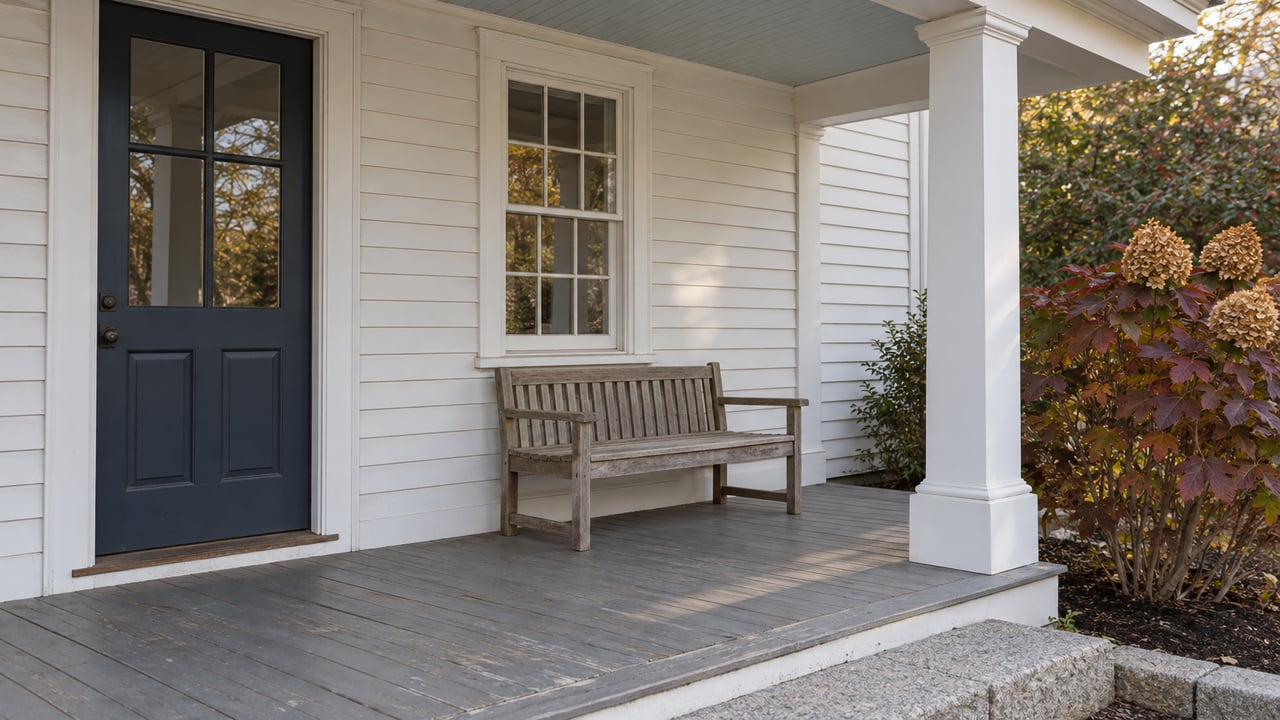 White clapboard entry porch with a navy glazed door, divided-light window, weathered teak bench and burgundy oakleaf hydrangea beside a granite step.