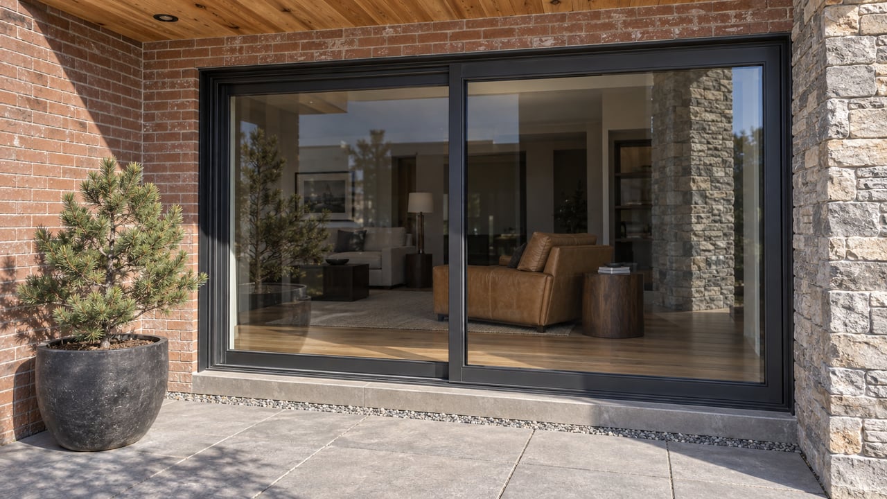 Sunlit condominium terrace with brick walls, a wood-lined overhang, closed black-framed glass doors and a small pinyon pine in a ceramic planter.