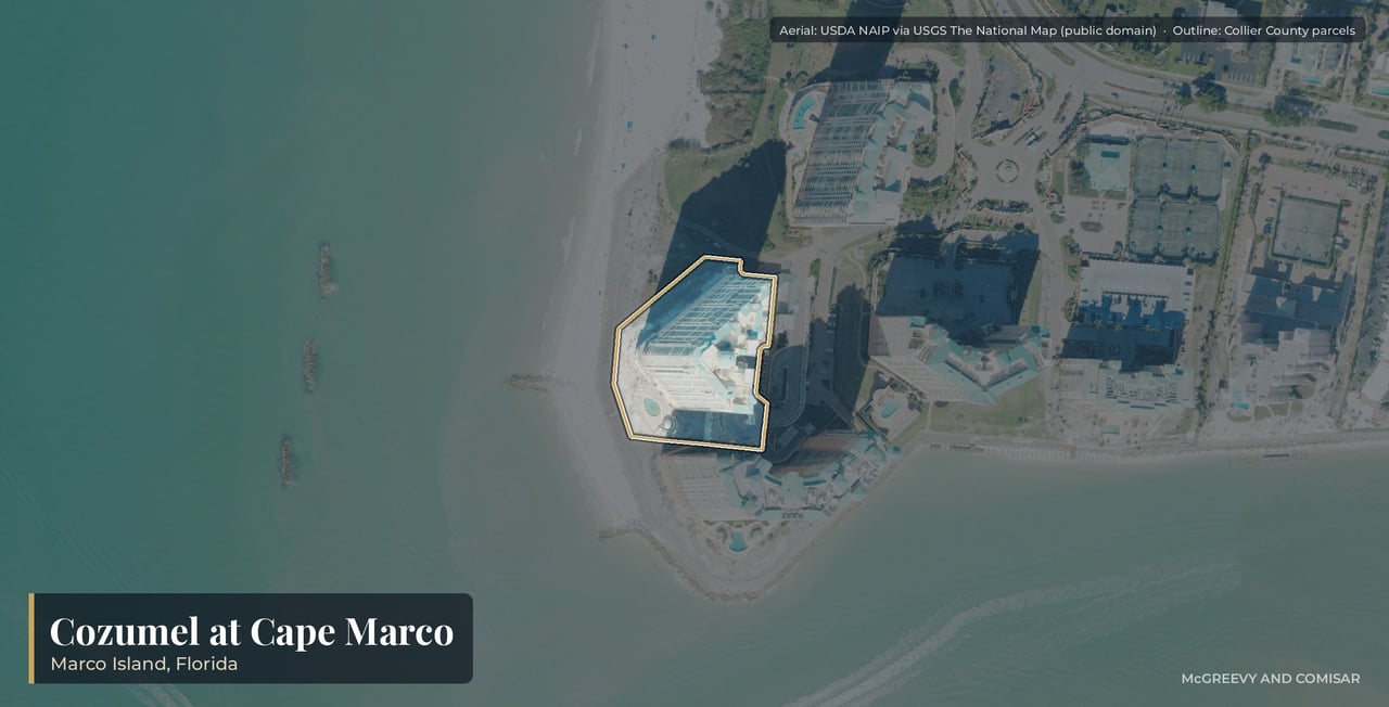 Aerial view of Cozumel on Marco Island, Florida, the 24-floor 1998 tower at 960 Cape Marco Drive inside gated Cape Marco on the Gulf