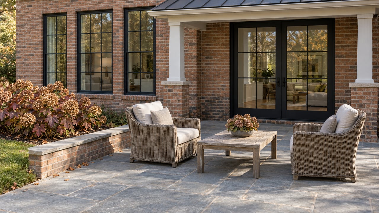 A brick home's closed black-framed terrace doors overlook blue-gray paving, woven chairs and burgundy oakleaf hydrangeas.