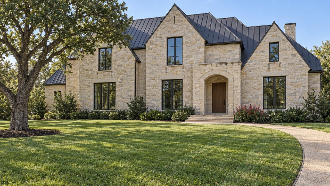 A limestone estate with charcoal pitched roofs stands beyond a deep lawn, framed by a mature bur oak and a curving concrete approach.
