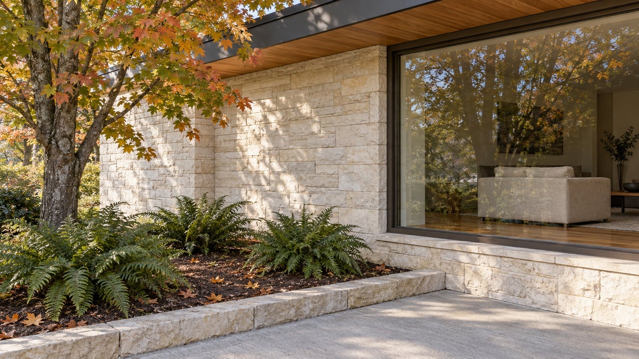 Autumn light on a limestone home with a cedar soffit, bronze-framed living-room window and a sugar maple beside a concrete garden path.