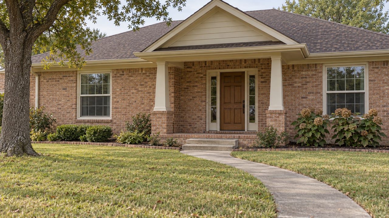 Classic brick home with a gabled roof, recessed oak entry, deep front lawn and a curved concrete approach beneath a mature oak.