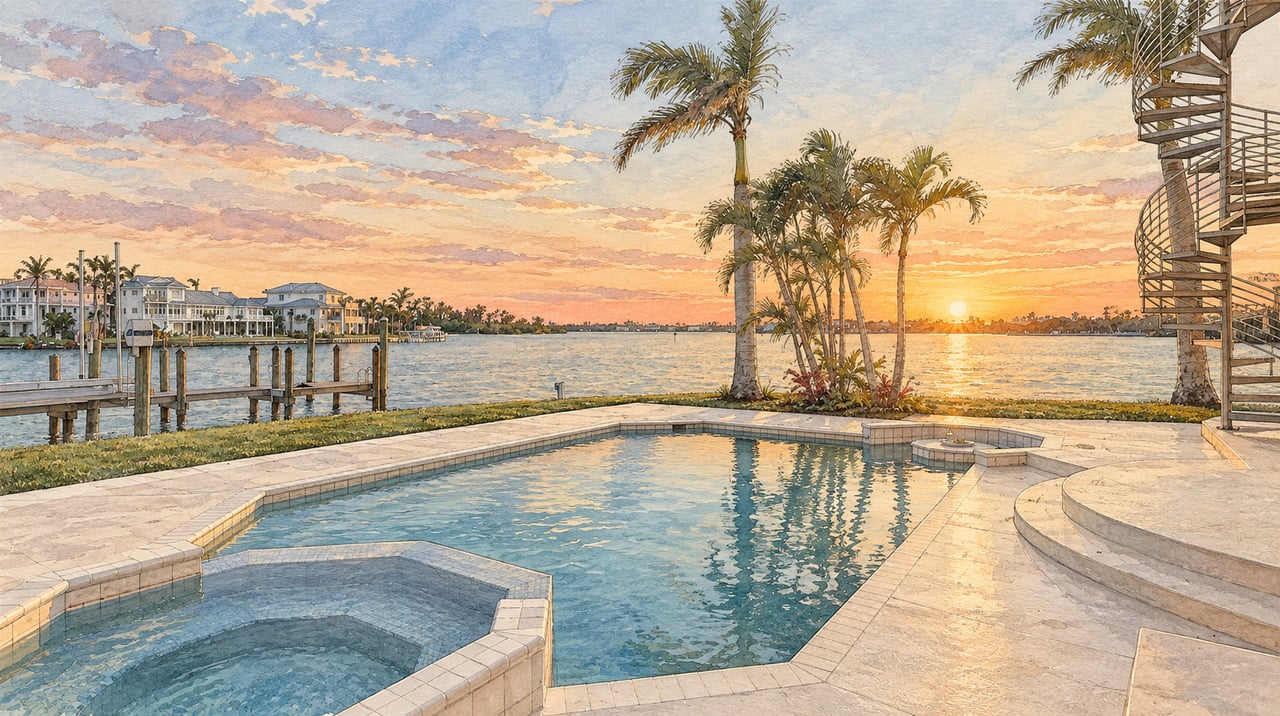 Waterfront pool and patio with a dock and palm trees at sunset.