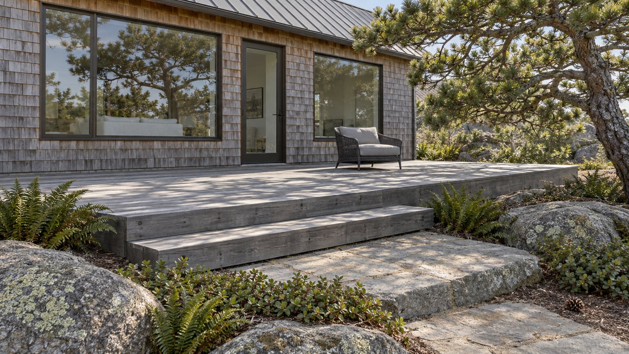 Elevated view of a weathered cedar home and low terrace beside a wind-shaped pine, sandstone boulders and ferns.