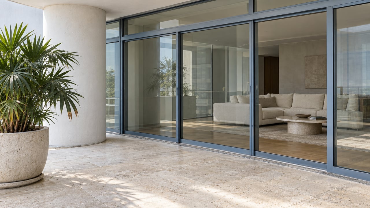 Sunlit limestone condominium terrace with a fan palm beside closed glass doors opening visually onto a softly furnished living room.