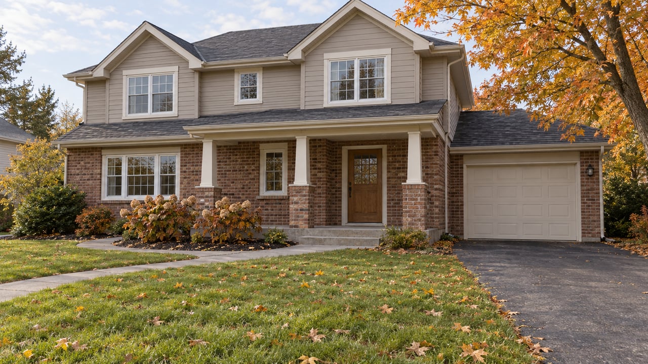 Autumn light on a brick-and-sided home with a recessed porch, broad front lawn and an amber-leaved sugar maple.