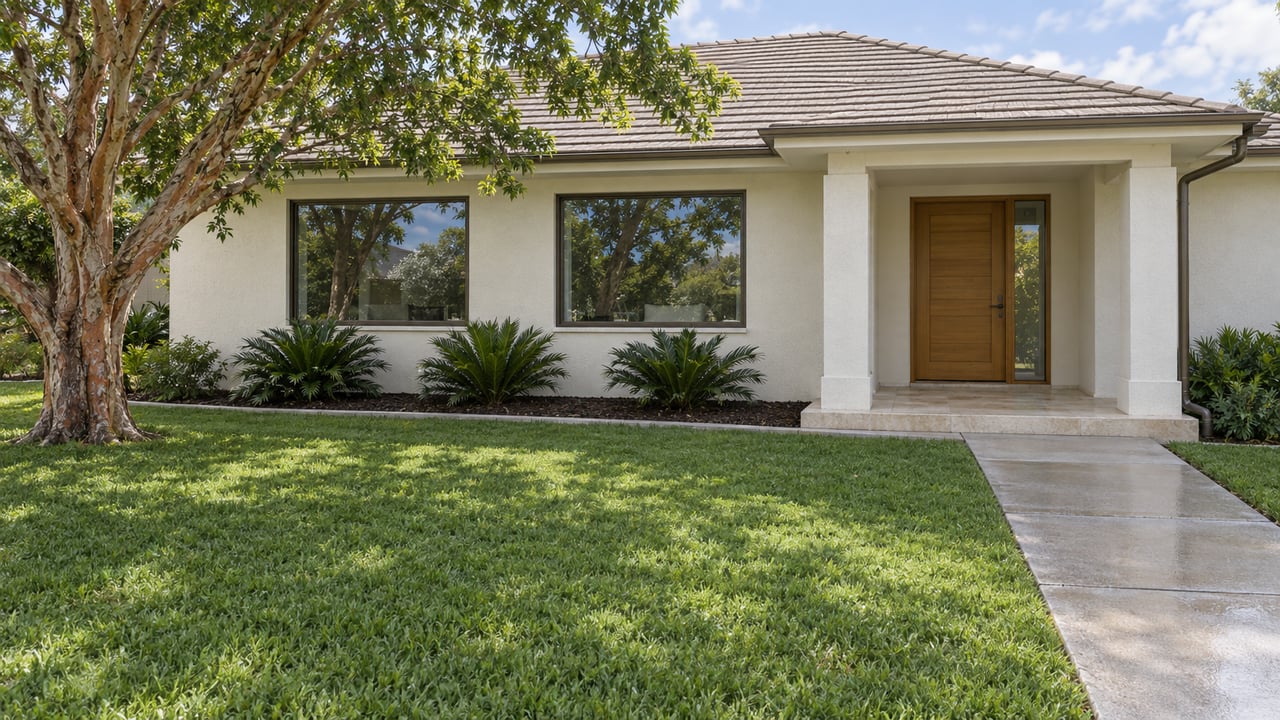 A low ivory stucco home with bronze-framed windows, a recessed stone porch, and a broad green lawn beneath a copper-barked tree.