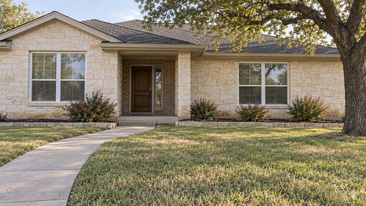 Stone-front single-story house with a recessed entry and curved walkway beneath a mature tree.