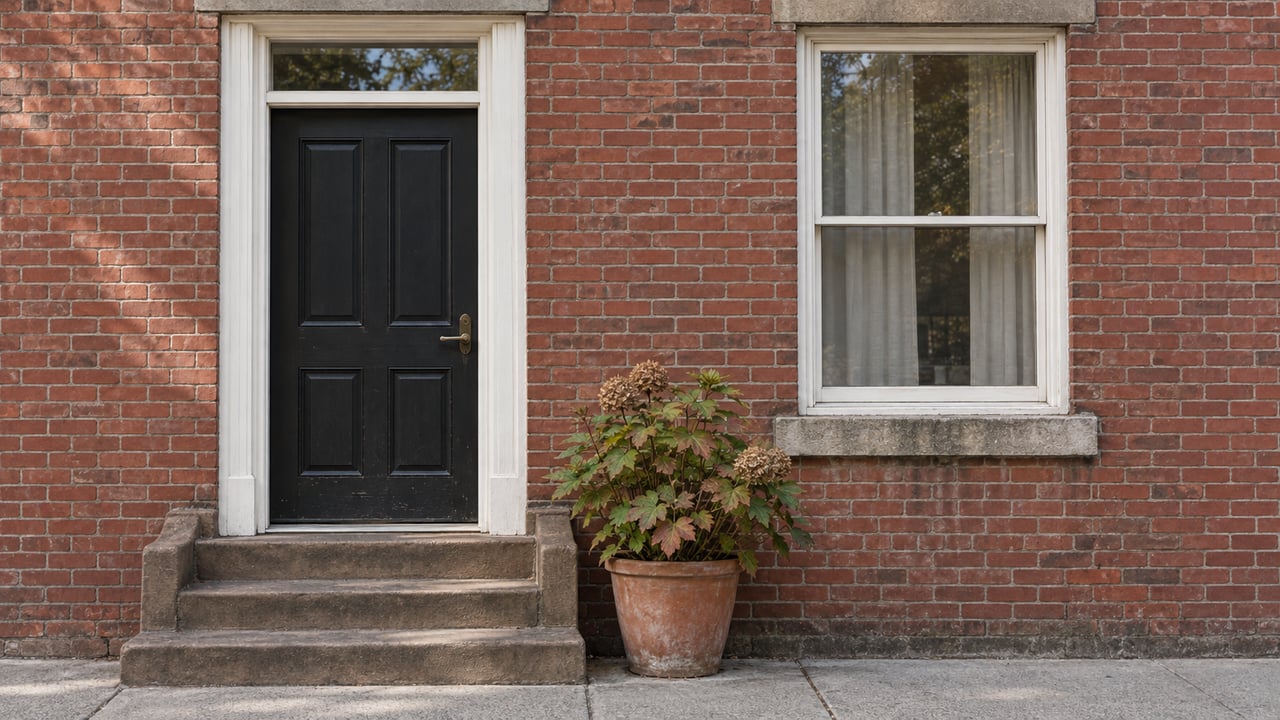 Brick townhouse entrance with a black door, white sash window, worn brownstone steps, and an oakleaf hydrangea in a terracotta pot.