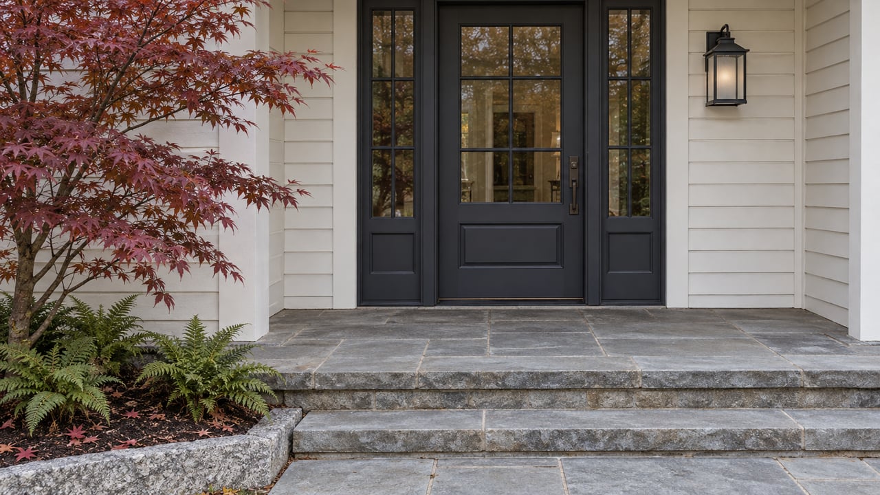 Dark divided-light entry door and matching sidelights beneath a covered porch, with off-white siding, bluestone steps and burgundy maple leaves.