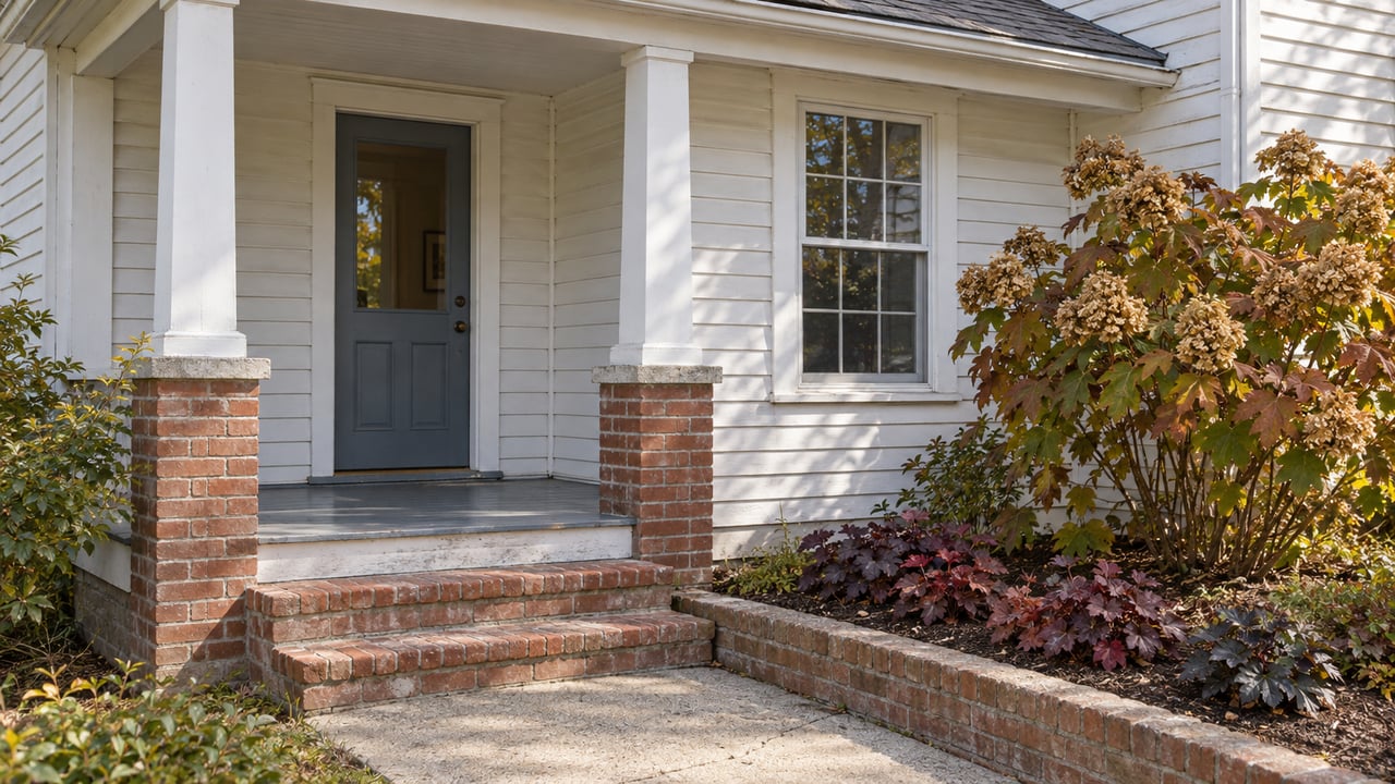 White wood-sided home with a covered porch, blue-gray glazed door, worn brick steps and autumn oakleaf hydrangea.