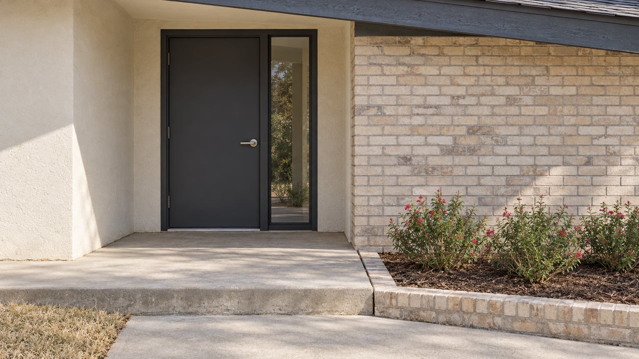 Cream stucco and buff brick entrance with a charcoal door, narrow glazed sidelight, and weathered concrete step beside red-flowering autumn sage.