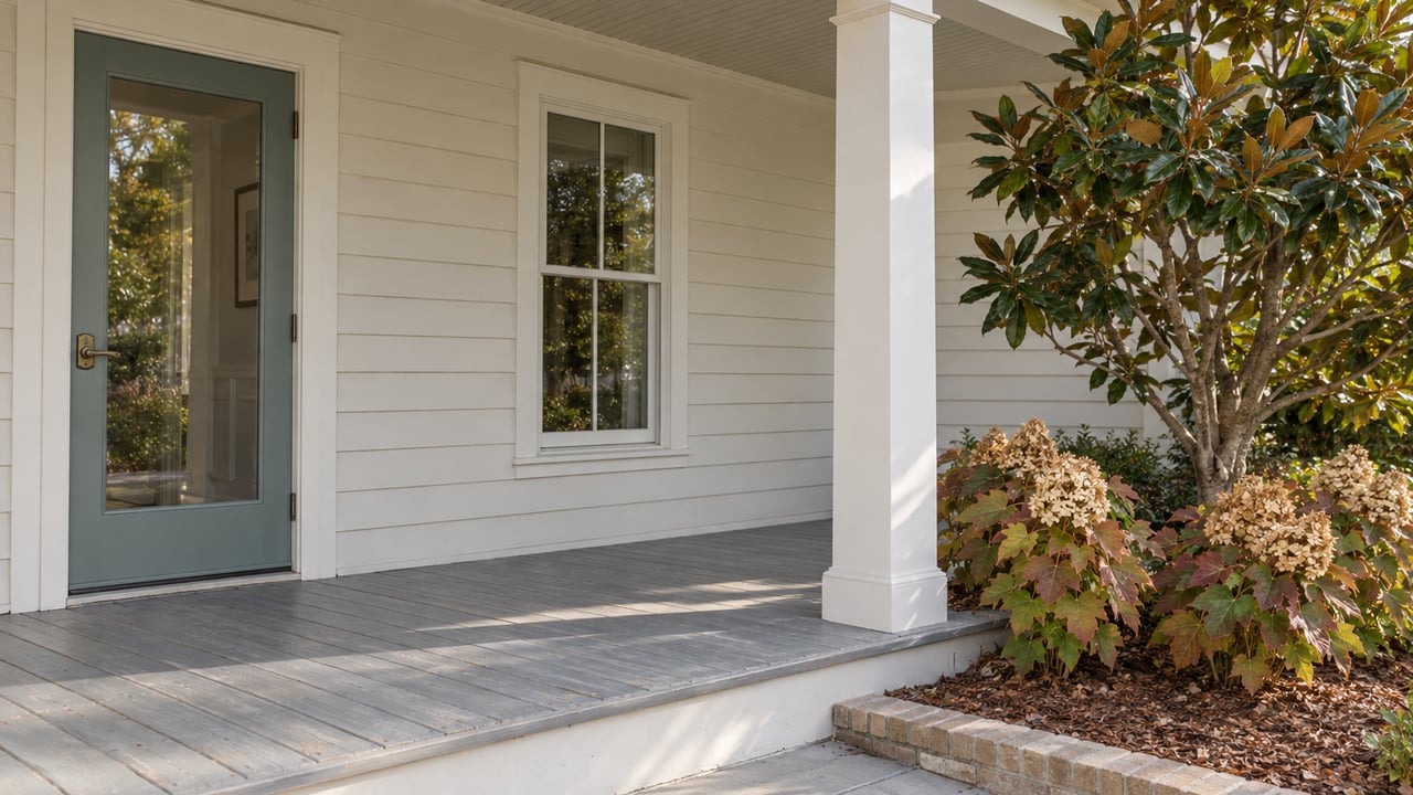 Sunlit cottage porch with cream lap siding, a glazed entry door, weathered gray boards, and magnolia and oakleaf hydrangea planting.