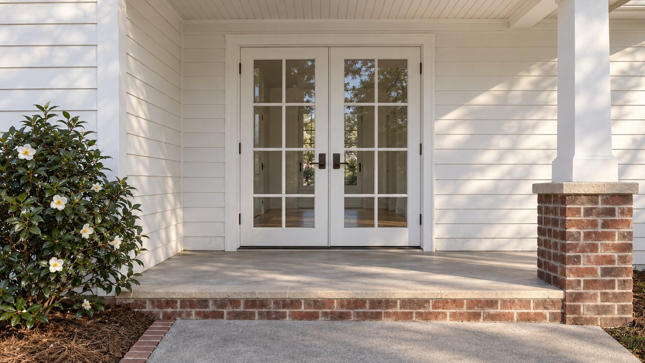 Warm afternoon light on a covered white entry with glazed French doors, brick details and a white-flowering camellia.