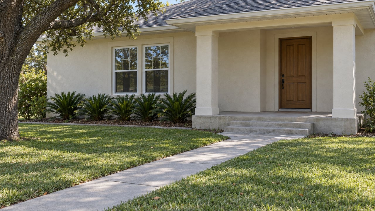 Ivory stucco home with a shaded raised porch, wood front door, concrete walk and broad lawn beneath a mature live oak.