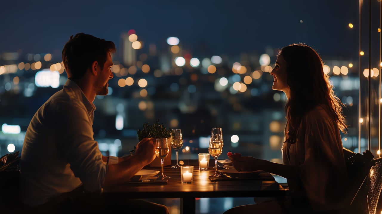 A couple enjoying a candlelit dinner at a rooftop restaurant with a panoramic view of Houston’s city lights at night.