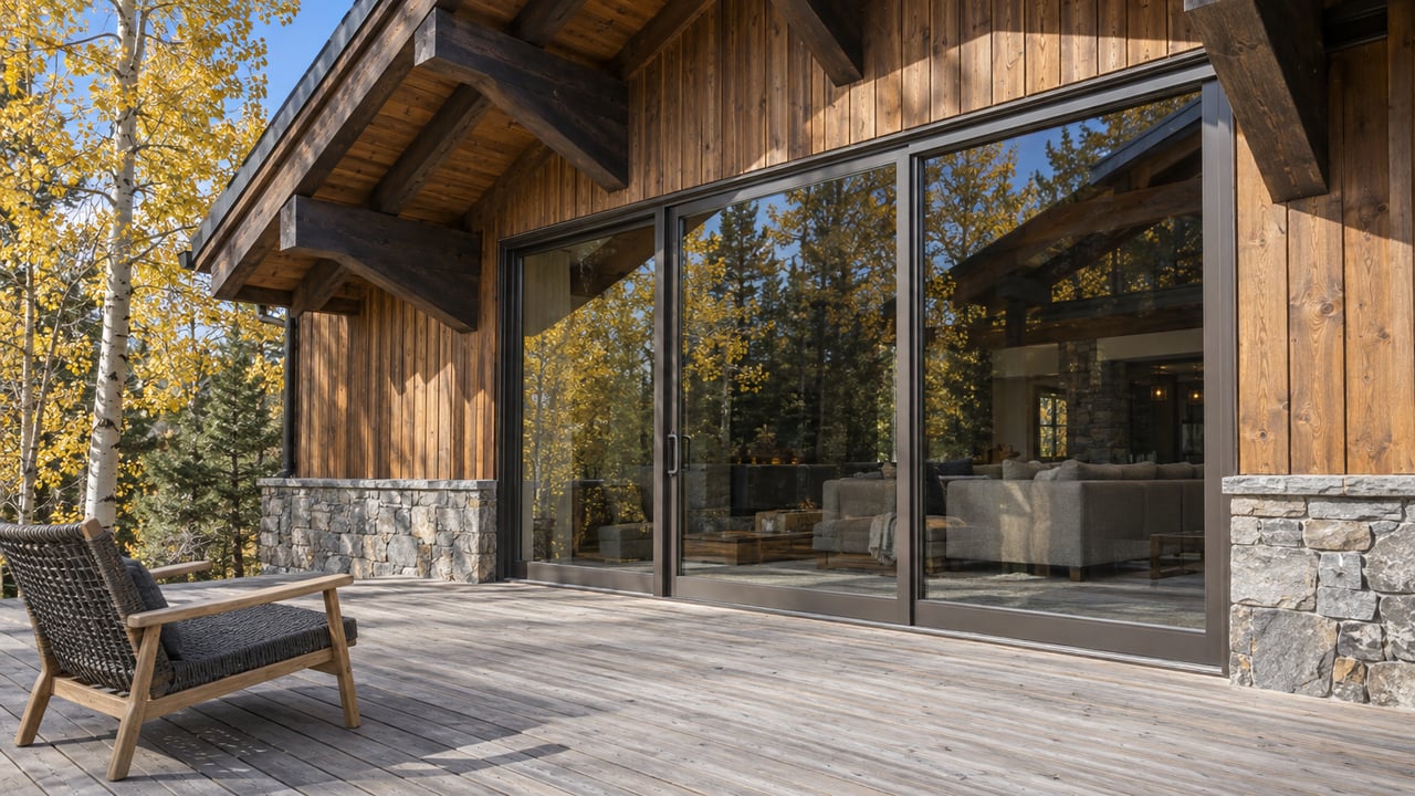 Autumn light on a timber-and-stone home's cedar terrace, with bronze-framed glazing and a yellow-leaved aspen.