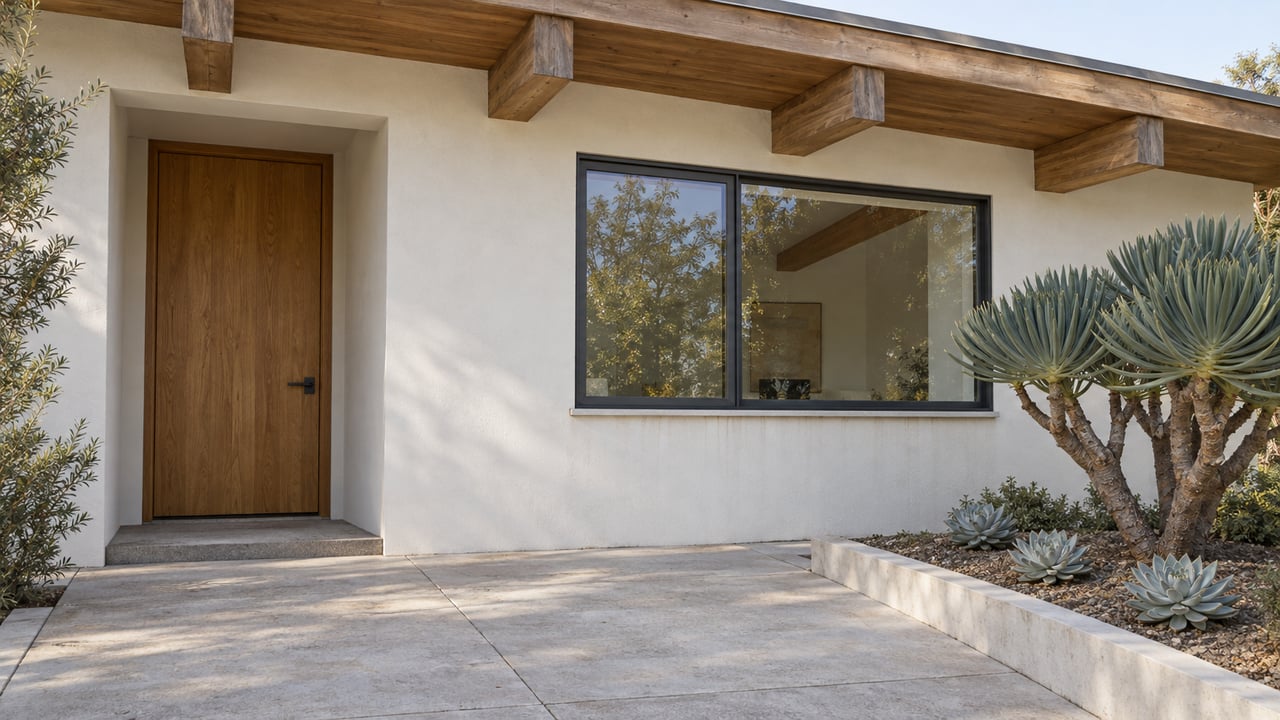 Warm timber eaves above a white stucco home entry, with pale concrete paving and sculptural fan aloe beside a closed window.
