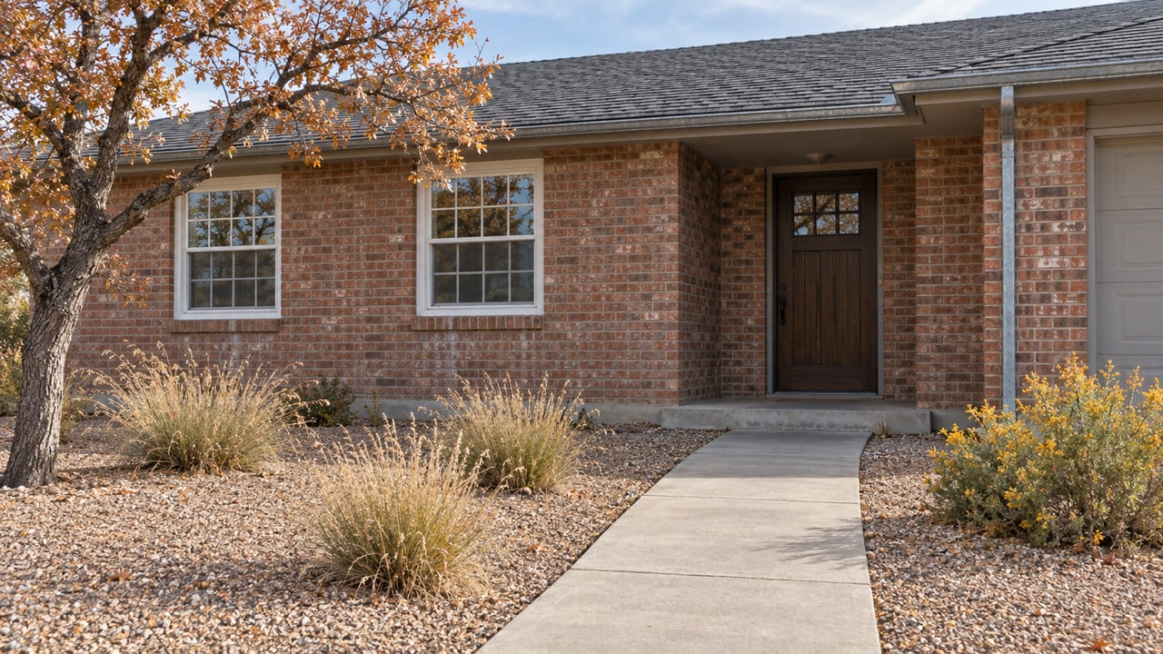 Brick ranch house with a recessed timber door, scored concrete walk, and sparse autumn plants in a gravel yard.