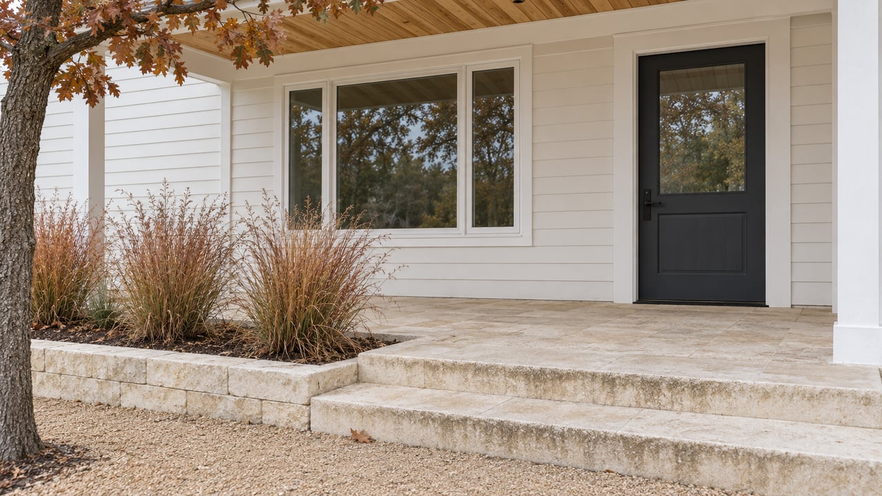Covered farmhouse entry with white siding, honey-colored porch ceiling, limestone steps and copper-colored little bluestem.