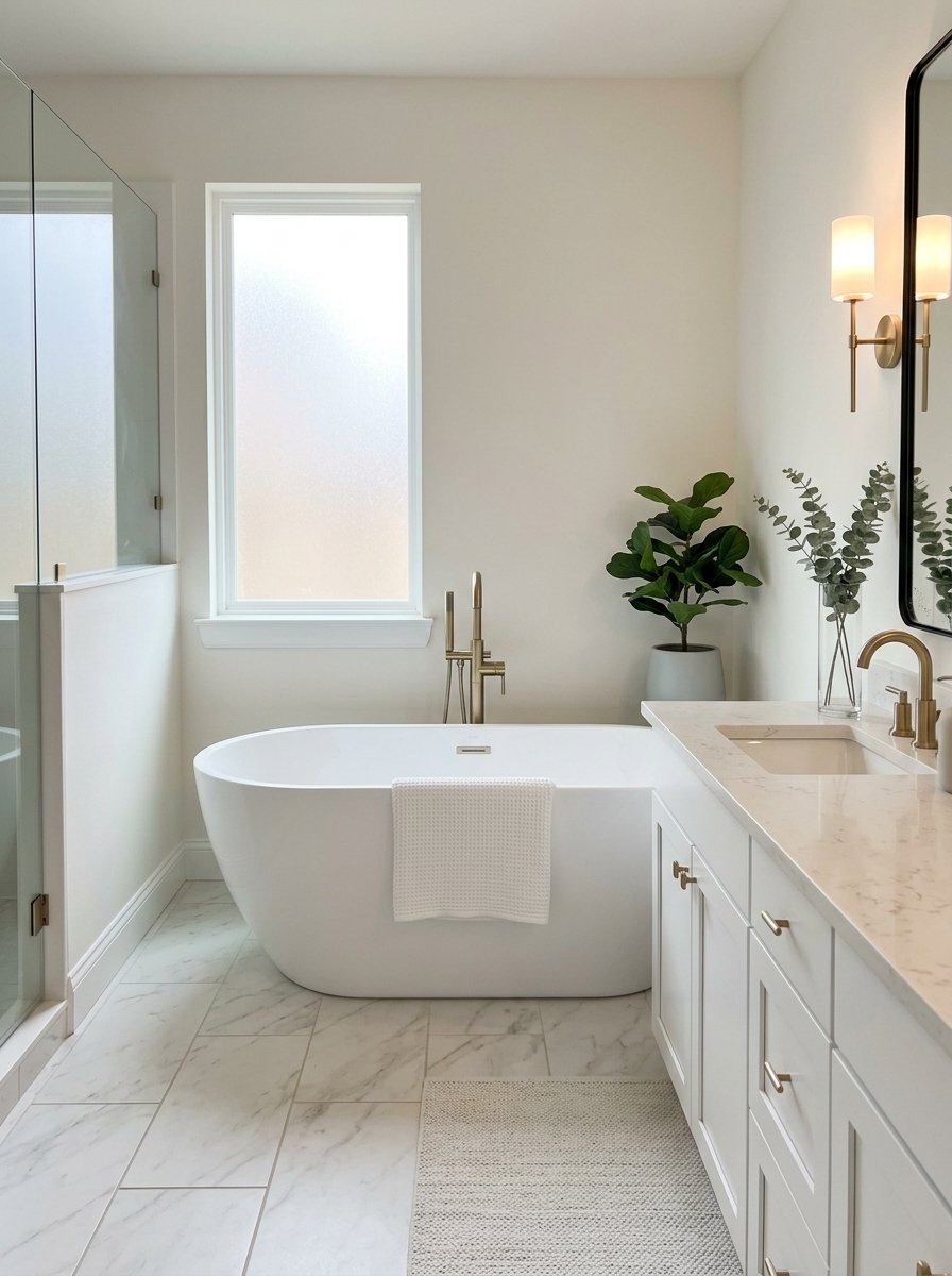 Primary bathroom with freestanding tub, white shaker vanity, quartz counters, brass fixtures, and marble-look tile.