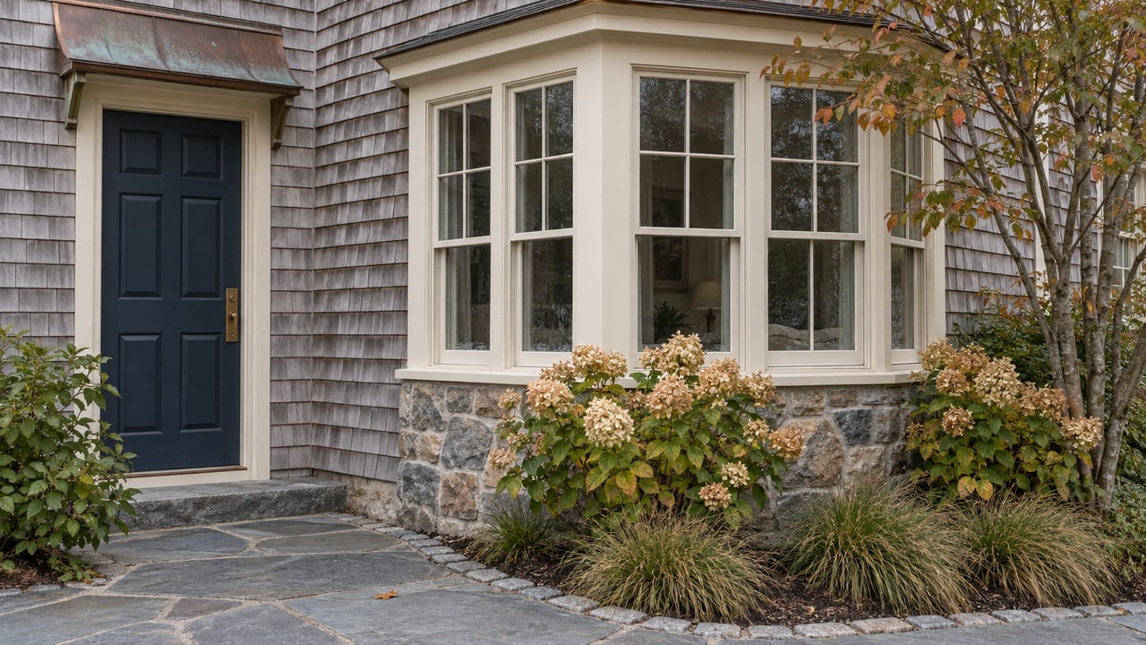 Shingled house entry with a navy door, copper hood, polygonal window bay, and late-season shrubs.