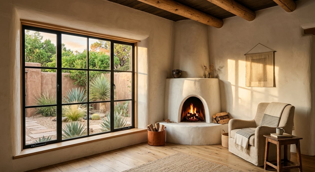 Rounded plaster kiva fireplace beneath exposed wooden vigas, beside a black steel window overlooking a gravel courtyard.