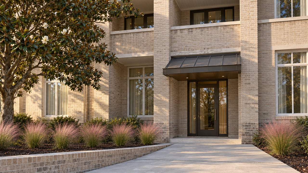 Sand-colored brick condominium entrance with white-trimmed tall windows, recessed balconies and pink muhly grass in warm afternoon light.