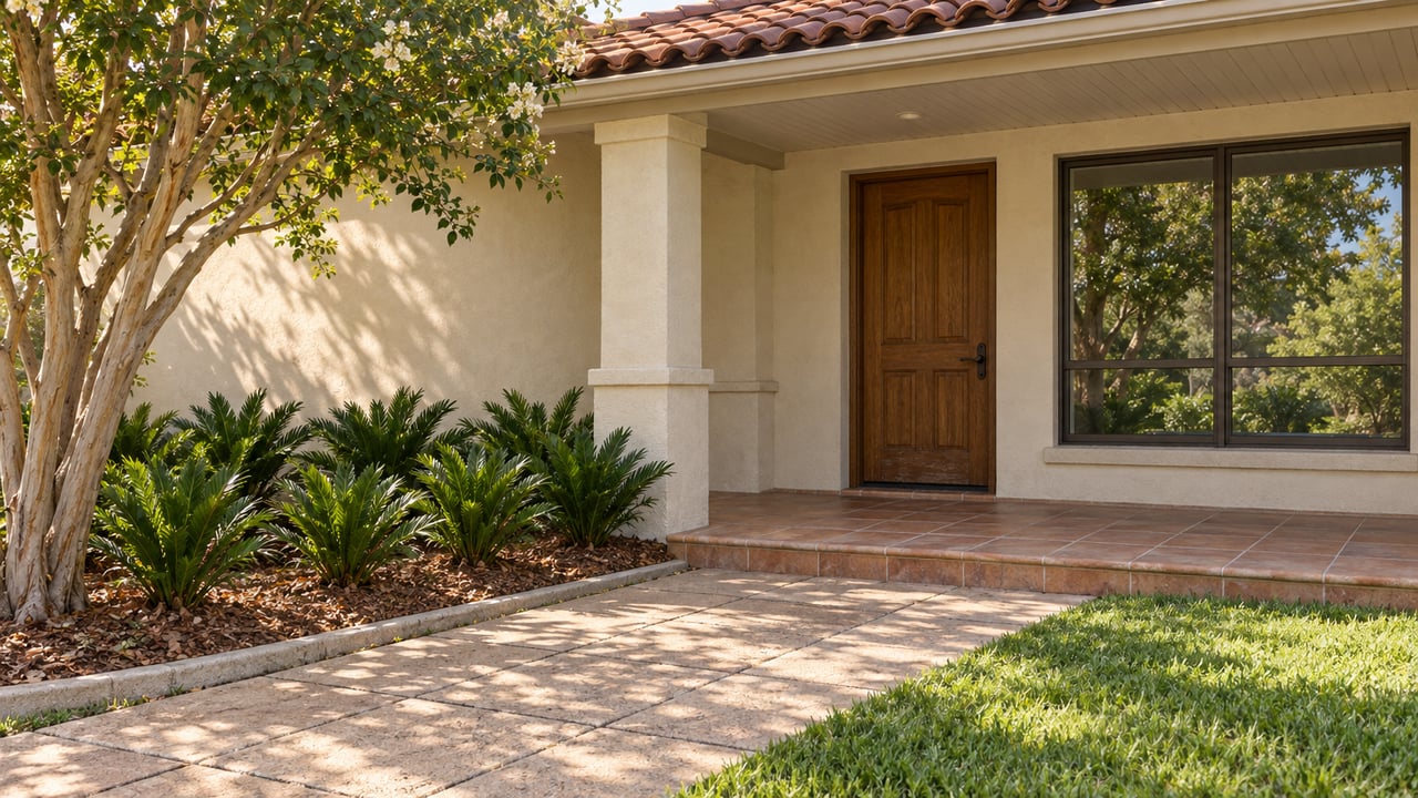 Sunlit stucco home entrance with a terracotta roof, shaded tiled porch, and a planted paver approach.