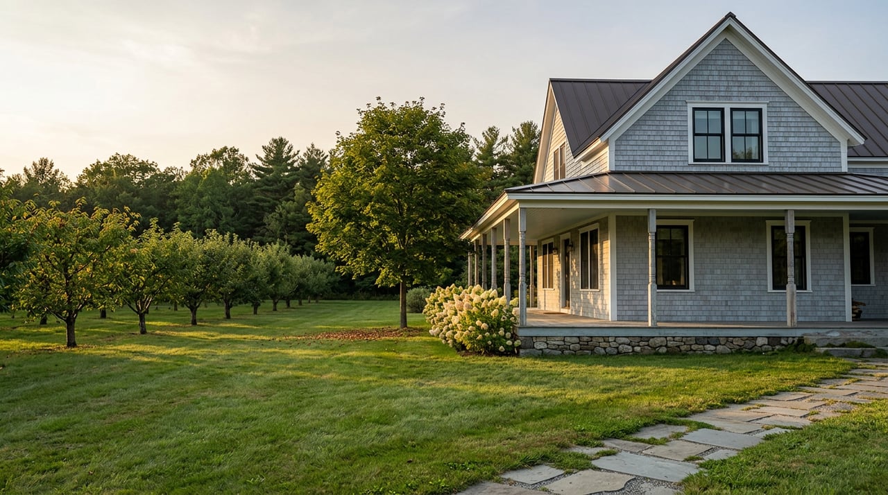 Gray-blue cedar-shingled farmhouse beside cherry orchard rows, with a stone path crossing the sunlit lawn.